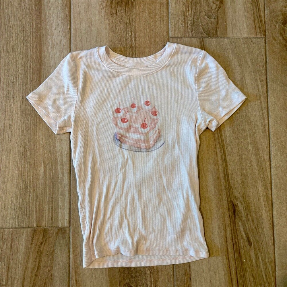 Hollister Womens Ribbed Baby Tee Ivory Cherry Cake Graphic Short Sleeve